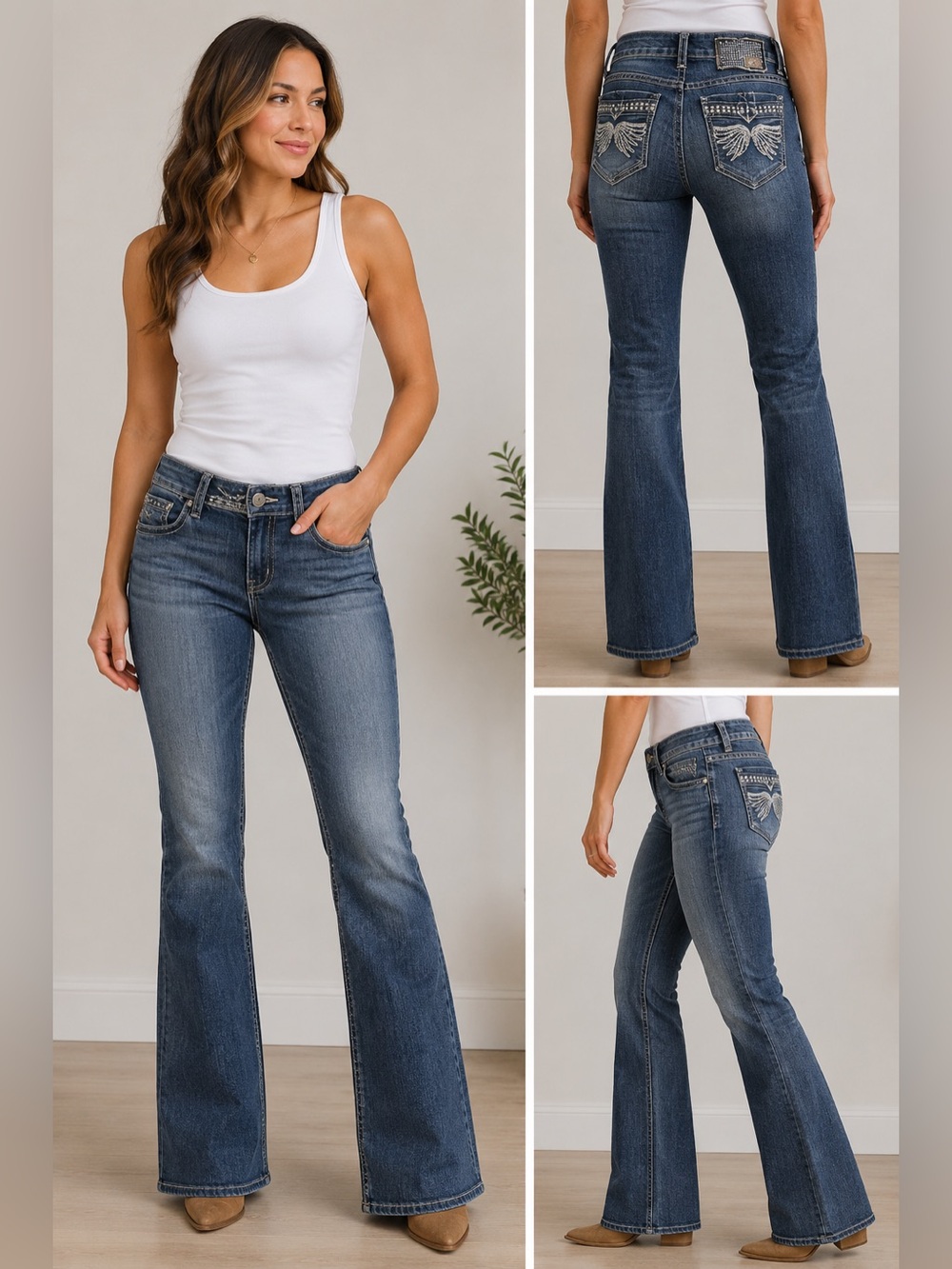 Women's Boot-Cut Jeans in Medium Blue with Studded Pocket Detail